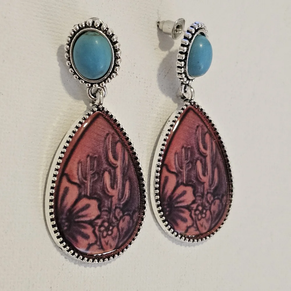 Western Vintage Teardrop Earrings with Blue and Brown Accents